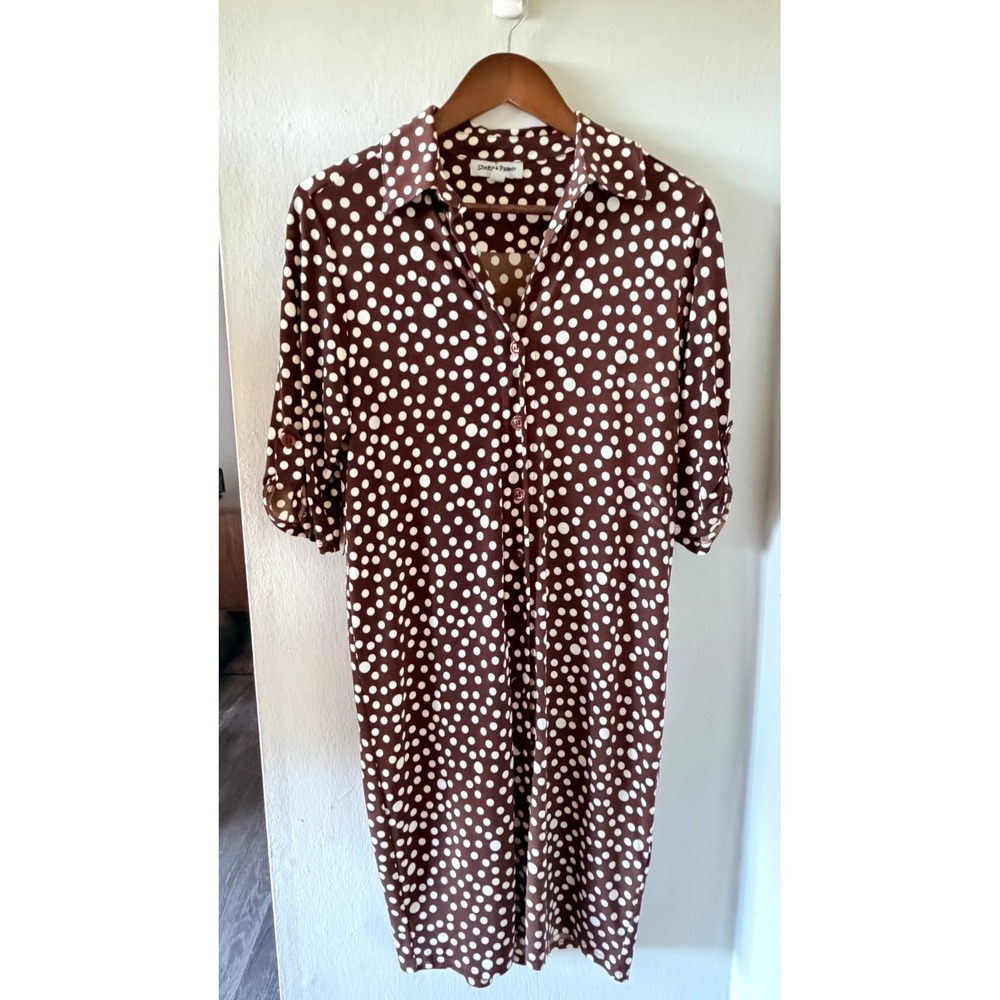 Shelby & Palmer Polka Dot Shirt Dress Brown Cream Size 8 Pretty Woman Style